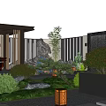 Modern Garden Landscape With Stone Pavement Green Plants Lighting Bushes And Seating Area
