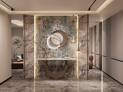 Modern Entryway Design With Marble Wall Round Mirror And Console Table Lighting 3d model