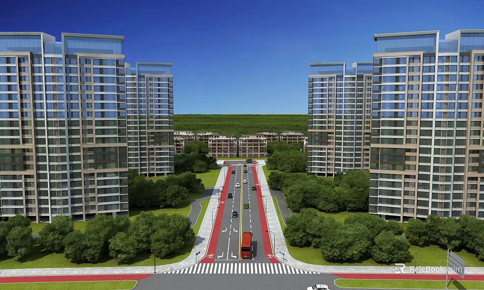 Modern High Rise Residential Buildings With Lush Greenery Wide Road Glass Facade And Balconies 3d model 