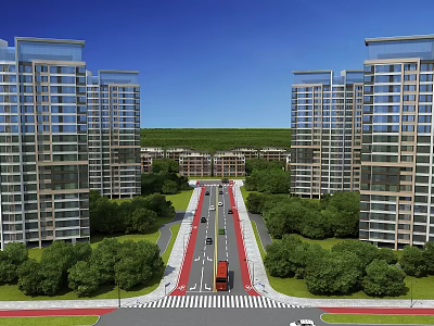 Modern High Rise Residential Buildings With Lush Greenery Wide Road Glass Facade And Balconies 3d model