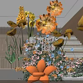 Floral Installation Design With Wooden Staircase Yellow Orange Flowers And Green Plants
