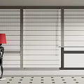 Modern Window Blinds In Interior With Red Lamp Black Figurine And Dot Floor