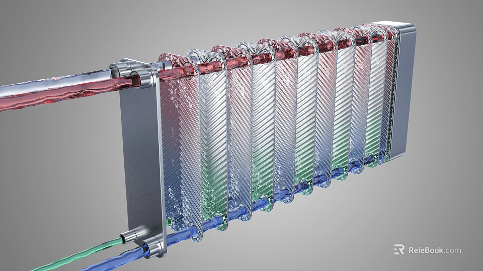 Air Conditioner Fan Internal Structure With Radiator Fins And Colored Pipes 3d model 