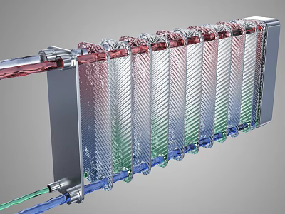 Air Conditioner Fan Internal Structure With Radiator Fins And Colored Pipes 3d model