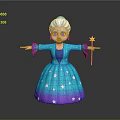 Cartoon Senior Woman in Blue Starry Dress with White Hair Holding Golden Star Wand