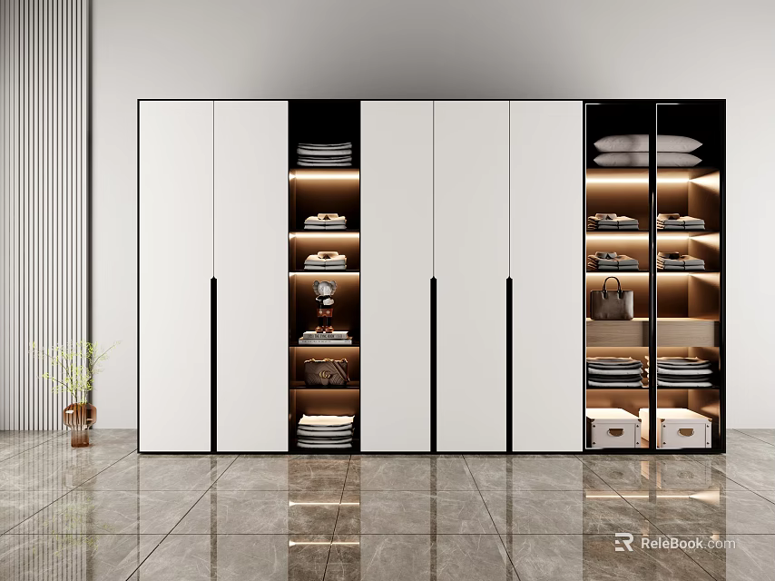 Modern Wardrobe With White And Black Panels Glass Doors And Open Storage Shelves 3d model 