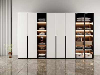 Modern Wardrobe With White And Black Panels Glass Doors And Open Storage Shelves 3d model