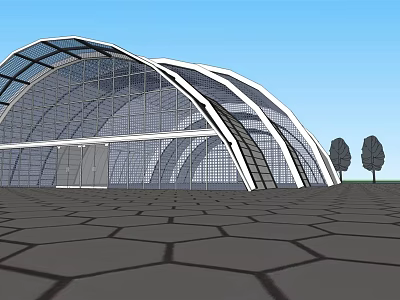 Modern Arched Glass Building With Metal Frame Under Blue Sky And Hexagonal Pavement 3d model