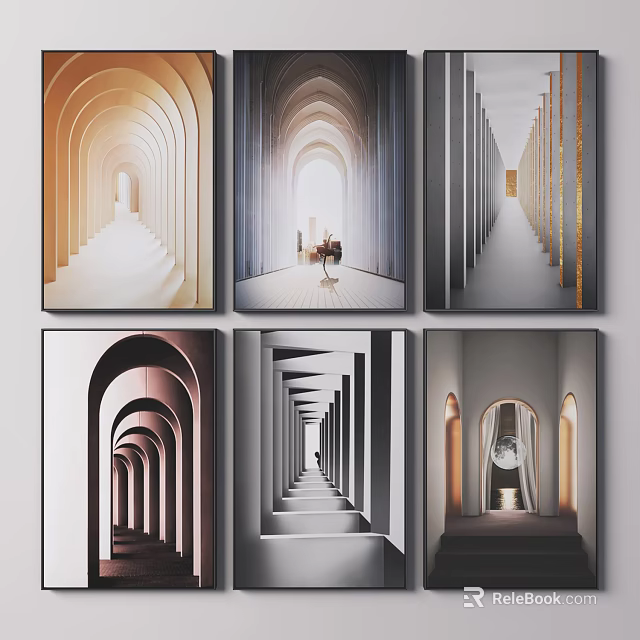Modern Arched Corridor Decorative Paintings with Geometric Design and Light Effects 3d model 