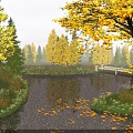 Stunning Misty Autumn Landscape With Colorful Fall Trees And Floating Leaves On Calm Stream