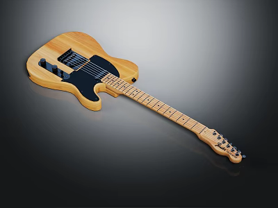 Wooden Electric Guitar With Black Pickguard Light Neck Metal Strings And Tuning Pegs 3d model