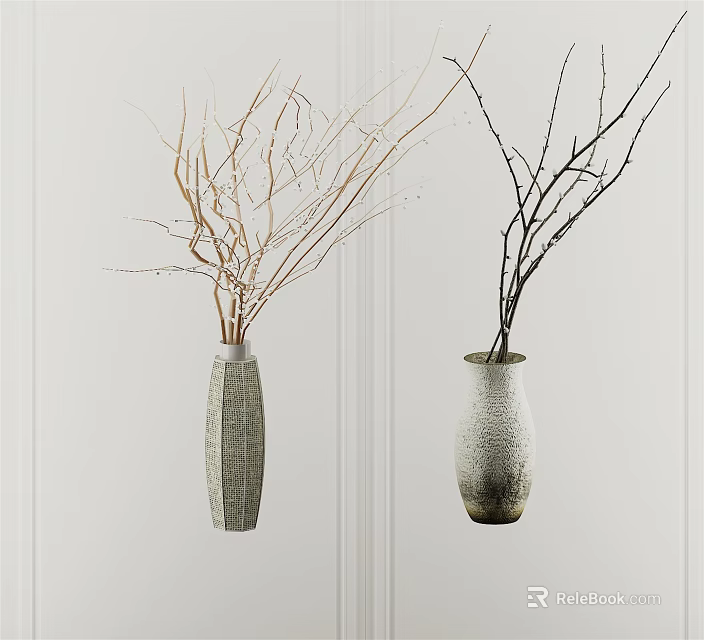 Two Gray And Gray White Gradient Vases With Dried Branches For Home Decor 3d model