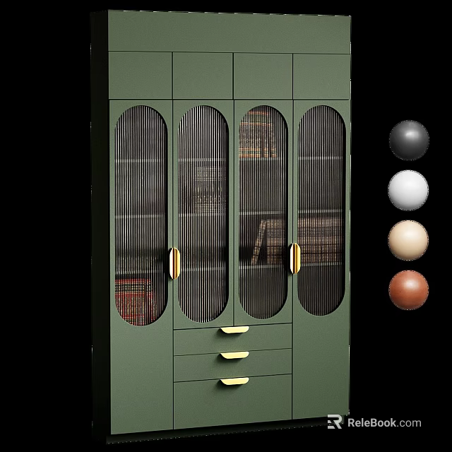 Elegant Retro Green Bookcase With Fluted Glass Doors And Gold Handles For Home Book Storage 3d model 