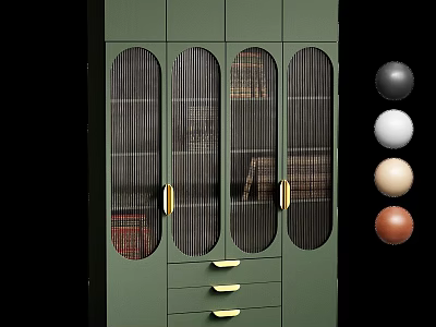 Elegant Retro Green Bookcase With Fluted Glass Doors And Gold Handles For Home Book Storage 3d model