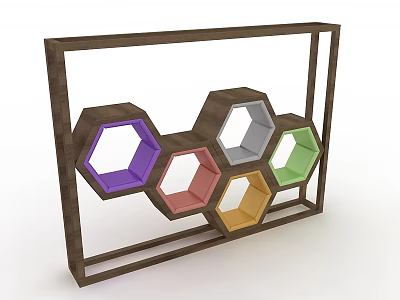Wooden Frame Wall Mounted Storage With Colorful Hexagonal Compartments For Home 3d model