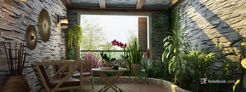 Hotel Public Lounge Area With Lush Green Plants Natural Light And Cozy Seating 3d model 