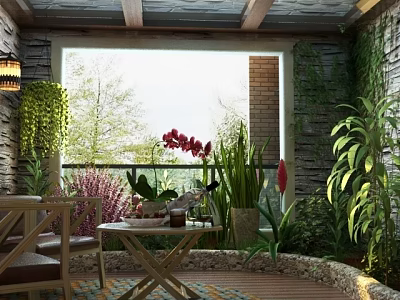Hotel Public Lounge Area With Lush Green Plants Natural Light And Cozy Seating 3d model