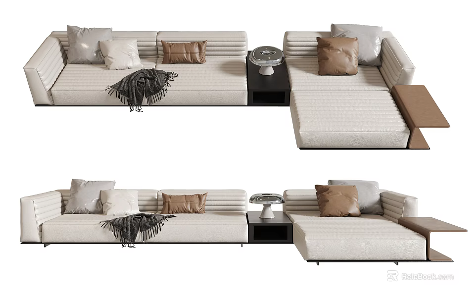 Modern Light Colored Sectional Sofa With Plush Cushions Throw Blanket And Side Table 3d model
