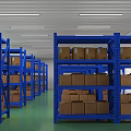 Warehouse Interior With Blue Racks Cardboard Boxes Green Floor White Columns and Lights