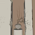Gray Vase With Twigs On White Pedestal Against Beige And Brown Textured Walls