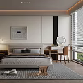 Modern Bedroom Interior With Bed Nightstand Rug Artwork And Window Blinds