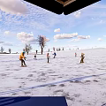 People Skiing And Snowboarding On Snowy Slope With Blue Sky Clouds And Trees