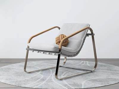 Modern Leisure Chair With Gray Cushion Wooden Armrests Metal Frame And Knotted Decor On Rug 3d model