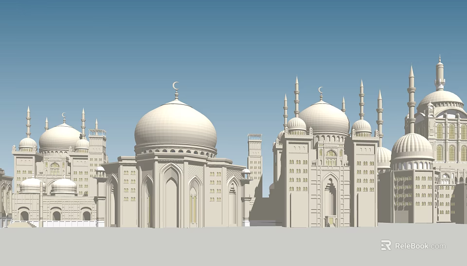 Traditional Islamic Mosque Architecture With White Domes And Tall Minarets Under Blue Sky 3d model 