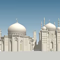 Traditional Islamic Mosque Architecture With White Domes And Tall Minarets Under Blue Sky