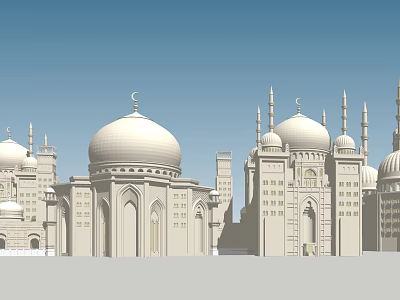 Traditional Islamic Mosque Architecture With White Domes And Tall Minarets Under Blue Sky 3d model