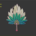 Colorful Feather Fan Design With Green White Feathers Red Handle And Central Gem