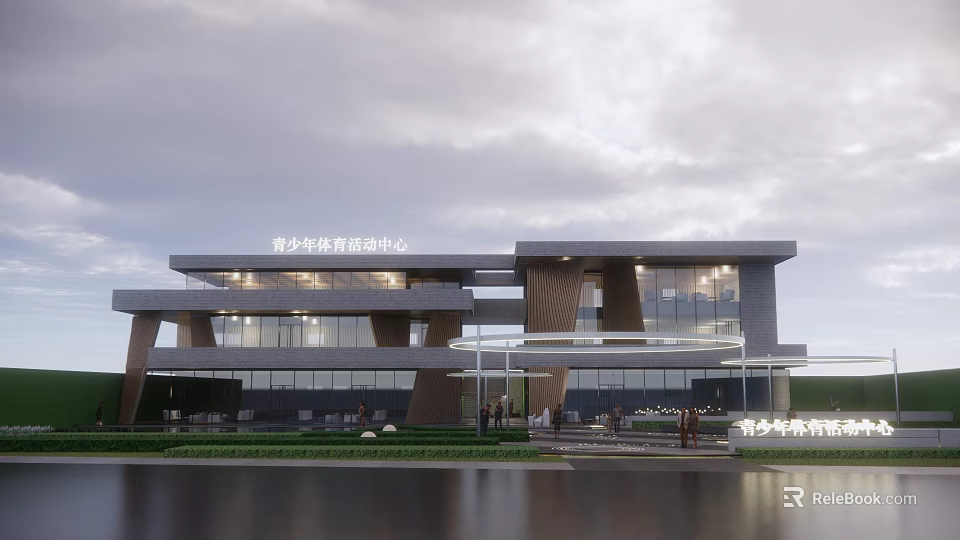 Modern Qinglong Sports Activity Center Design With Glass Curtain Walls And Waterfront View 3d model 