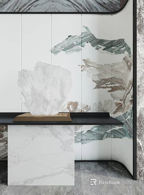 Elegant Console Table With White Sculpture And Leaf Pattern Decorative Wall 3d model