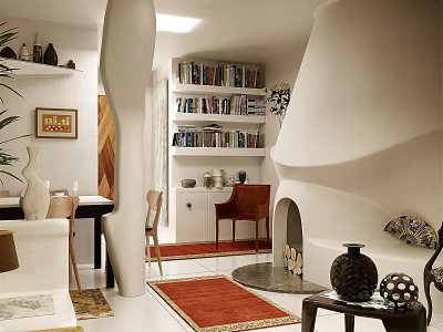 Modern Living Dining Room Interior With White Curved Structure Bookshelves Red Rug And Decorative Vases 3d model