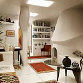 Modern Living Dining Room Interior With White Curved Structure Bookshelves Red Rug And Decorative Vases
