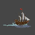 Floating Pirate Ship Model With Skull Flag White Sails And Water Reflection