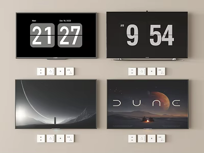 Four TV Screens Showing Clock Displays Dune Image and Scenic View with Control Buttons Below 3d model
