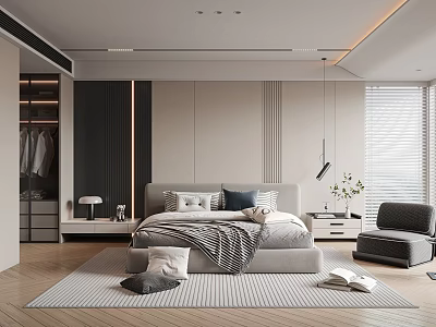 Modern Bedroom Interior With Bed Pillows Blanket Bedside Table Lamp Blinds And Wooden Floor 3d model