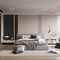 Modern Bedroom Interior With Bed Pillows Blanket Bedside Table Lamp Blinds And Wooden Floor
