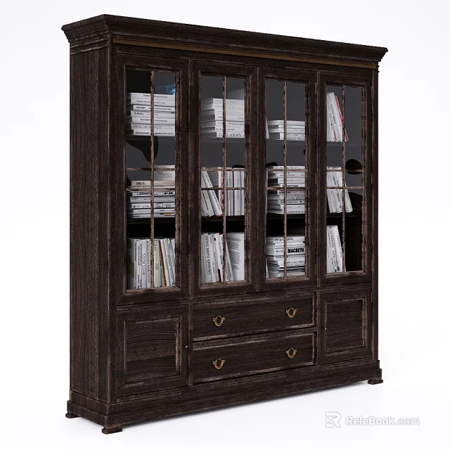 Dark Wooden Bookcase With Glass Doors Filled With Books And Drawers With Metal Handles 3d model 
