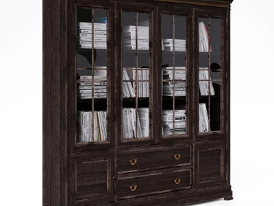 Dark Wooden Bookcase With Glass Doors Filled With Books And Drawers With Metal Handles 3d model