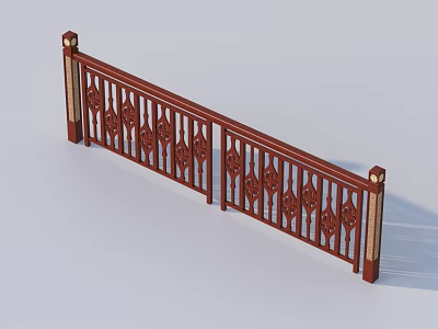 Elegant Decorative Brown Wooden Railing with Intricate Carved Patterns and Posts 3d model