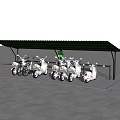 Seaside Motorcycle Parking Canopy Featuring Green Roof and Parked Scooters