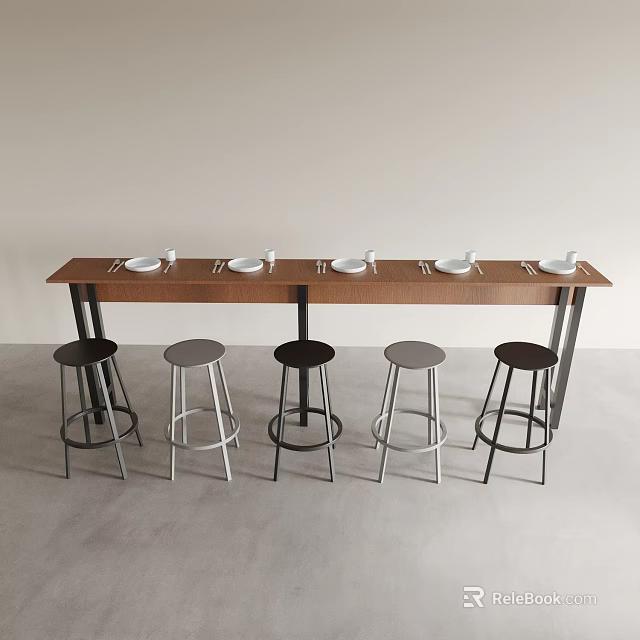 Modern Long Wooden Dining Table with Black and Metallic Stools and White Plates 3d model 