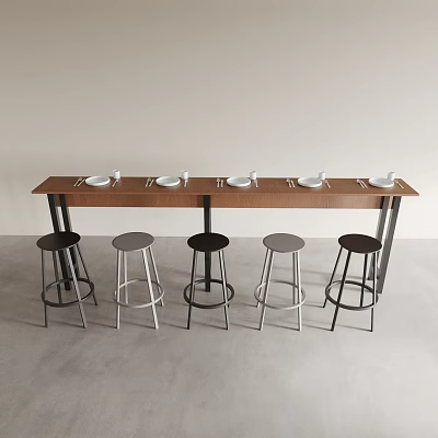 Modern Long Wooden Dining Table with Black and Metallic Stools and White Plates 3d model