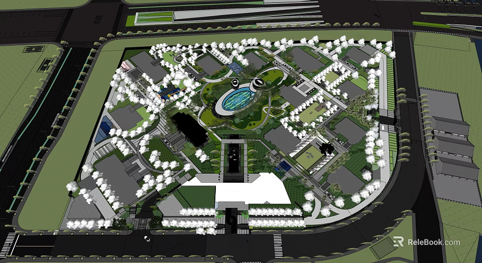Planned Residential Landscape Layout With Central Green Space And Surrounding Buildings 3d model 