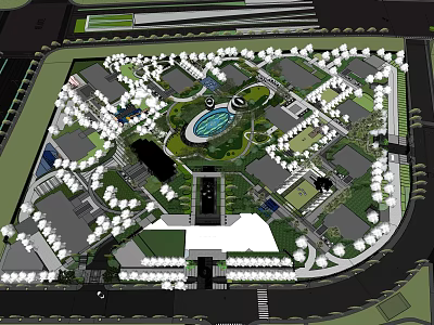 Planned Residential Landscape Layout With Central Green Space And Surrounding Buildings 3d model
