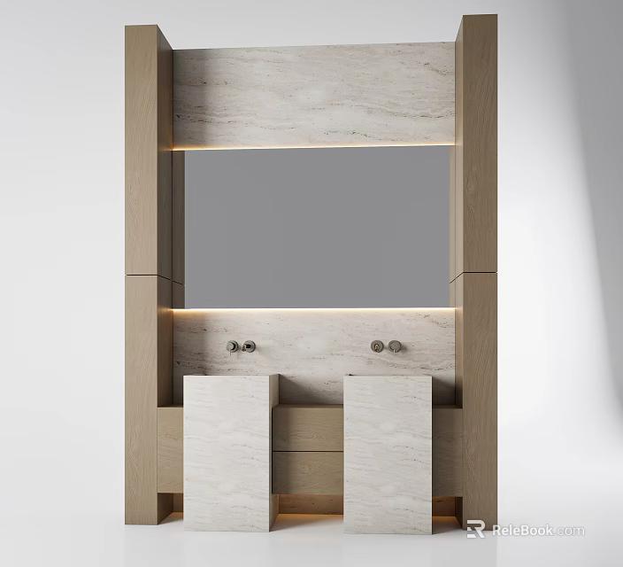 Modern Bathroom Vanity With Double Ceramic Sinks And Large Overhead Mirror 3d model