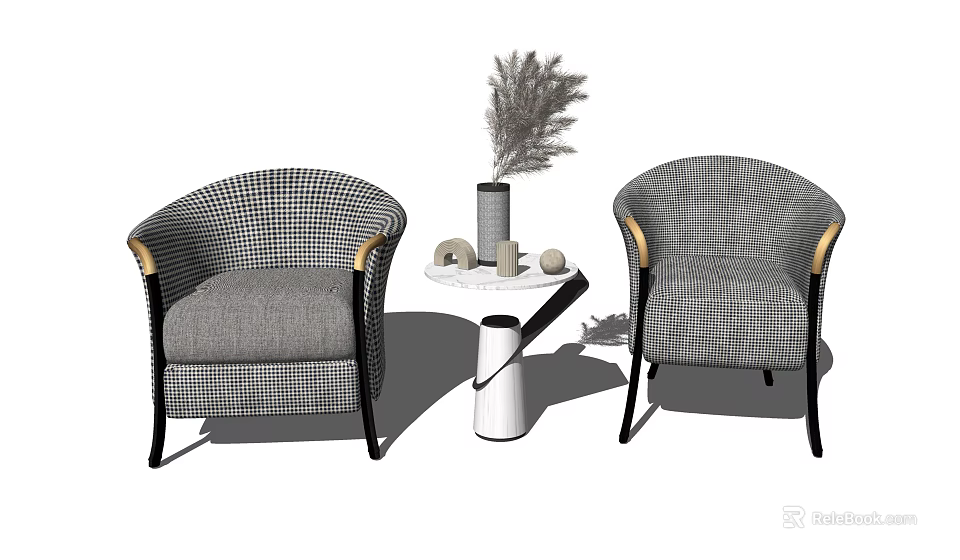 Modern Casual Sofa Set Interior With Houndstooth Pattern Wooden Armrests And Round Side Table 3d model