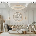 Elegant Living Room Interior Design With White Paneled Walls Crystal Chandelier And Beige Tufted Sofa